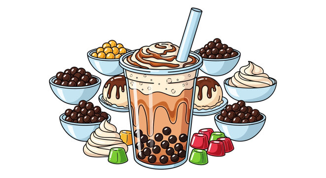 Hand drawn illustration of bubble tea cup surrounded by various toppings like tapioca pearls and jelly.