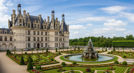 Naklejka premium Elegant French Chateau with Grand Gardens and Fountain