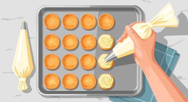 Top view illustration of a hand piping cream onto small pastries on a baking sheet.