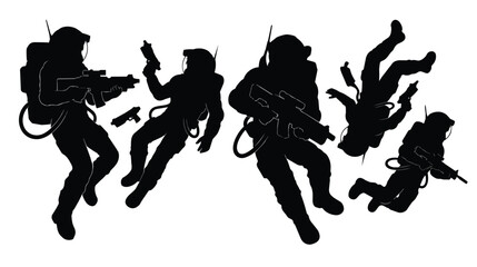 Futuristic space marine silhouettes, sci-fi astronaut soldier vector set, tactical galactic infantry with weapons and gear, zero gravity combat poses © Shahzaib