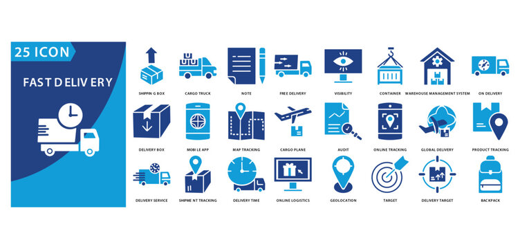 fast delivery icon set of shipping box, cargo truck, note, free delivery, visibility, container, fast delivery,
warehouse management system, on delivery, delivery box, mobile app, map tracking