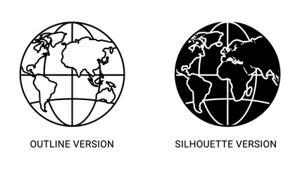 Earth Globe Icon Set: Two distinct representations of the Earth, one an outline and the other a silhouette, offering versatile graphic resources for global themes. © asad