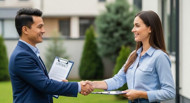Professional business people shaking hands outdoors after signing a contract with a building in the background