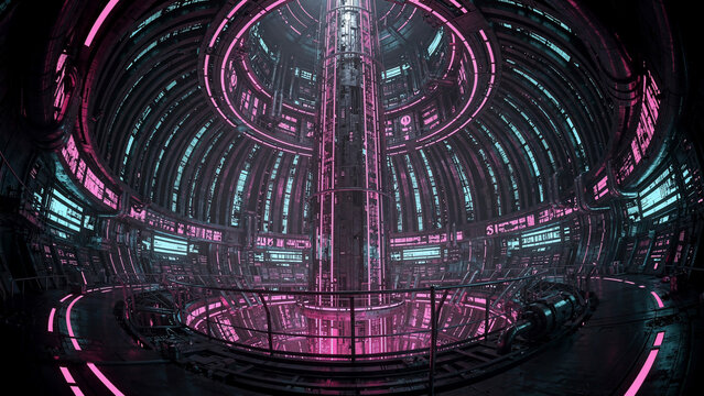 Intricate futuristic industrial interior with neon pink and cyan lighting, circular metal structures, ideal for technology, science fiction and industrial design
