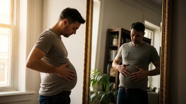 Man Examining Belly Reflection A man stands in front of a large mirror holding his belly looking down with a concerned expression reflecting on his body and health
