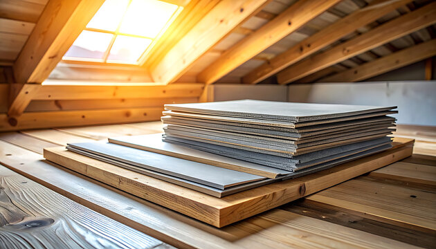 Stack of plywood sheets in attic.