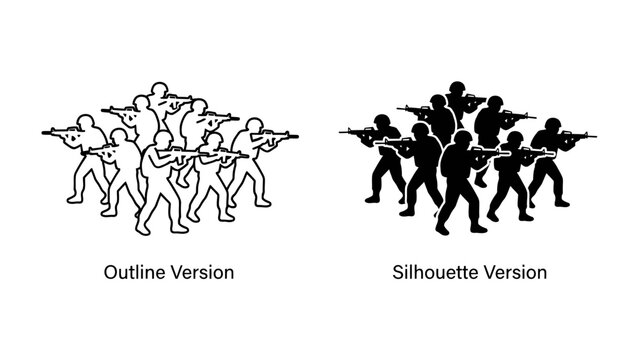Military Formation: Two graphic representations, an outline and a silhouette, depict a group of soldiers in formation, armed and ready. Evokes a sense of discipline and collective action.