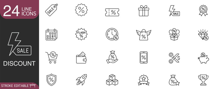 Discount and sale promotion line icon vector set featuring flash sale, e-commerce shopping, and retail coupon concepts with editable stroke.