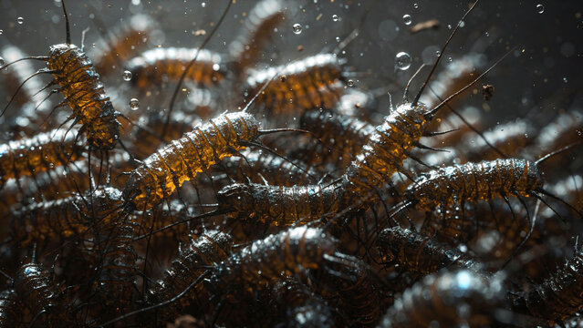 Macro close-up of a colony of metallic silverfish insects with segmented bodies and antennae in water droplets, ideal for science education, pest control marketing and biological research