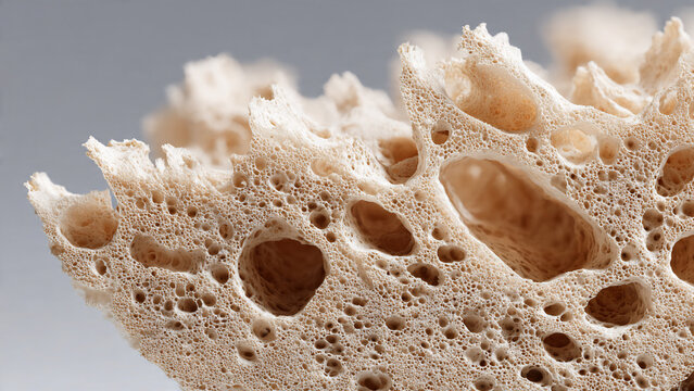 Macro extreme close-up of porous bone tissue with light brown texture and intricate cavities, suitable for medical illustration, scientific research and biology education