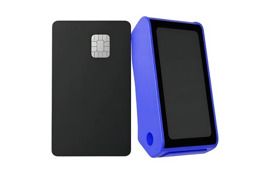 Modern card payment terminal reader beside a black credit card with terminal transaction business technology