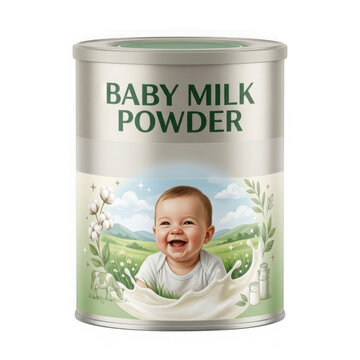 Metal tin container of baby milk powder with an illustration of a cute smiling infant on a green meadow background