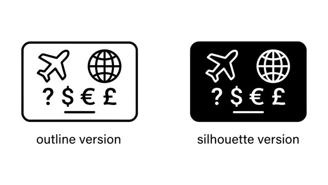 Travel Expense Icon: A set of icons representing travel planning and financial considerations, featuring an airplane, globe, currency symbols, and question marks.