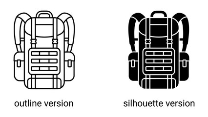 Backpack Icons: A set of backpack icons, presented in both outline and silhouette versions, perfect for travel or outdoor adventure themes. © Ahsan