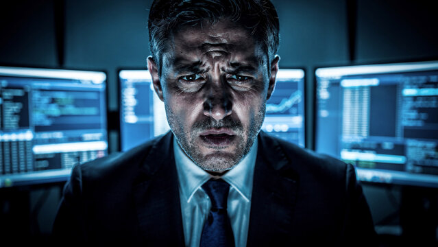 Stressed businessman with furrowed brow analyzing data on multiple monitors, cinematic close-up, suitable for finance, technology and corporate use