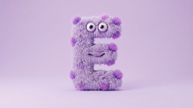 Playful purple monster alphabet letter E, funny furry creature with two heads, 3d character design, soft pastel aesthetic