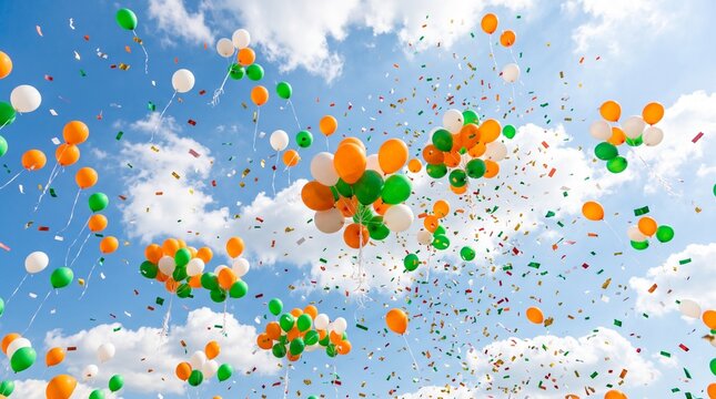Tricolor Balloons in Saffron, White, and Green Flying in the Sky with Confetti for Indian Independence Day