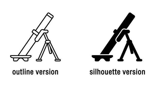 Mortar icon: A minimalist representation of a mortar weapon, shown in both outline and silhouette styles, symbolizing military equipment and warfare.