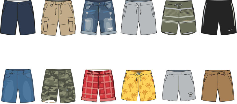 Men casual shorts flat technical sketch vector illustration set including denim cargo camo boardshorts and athletic apparel design templates