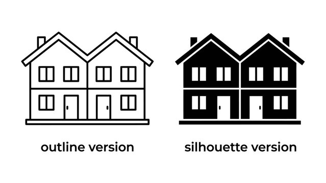 Twin Houses Icon: A clear and concise icon set representing twin houses, featuring both an outline and a silhouette version, ideal for real estate or property listings.