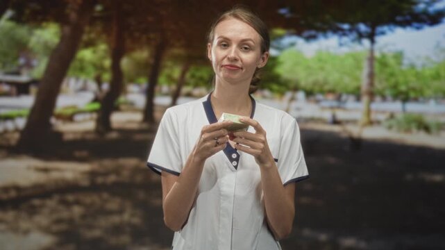 Young blonde woman holding soap with pursed lips and raised eyebrows, hands cupping the bar while wearing white uniform in forest setting; product skepticism.