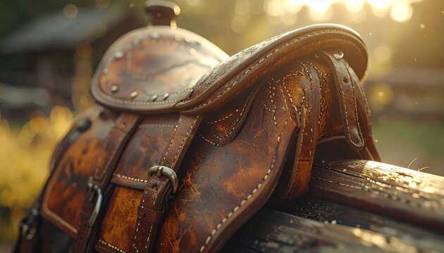 Vintage Western Saddle Close-Up with Golden Hour Light.