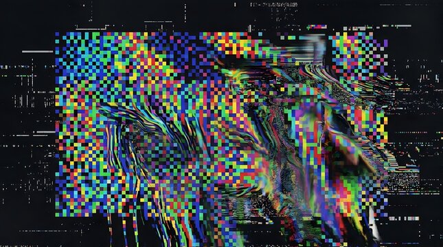 Heavy datamosh glitch texture with melting colorful pixel grids