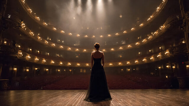 Woman in black gown on a stage facing an empty opulent theater, dramatic lighting, ideal for performance, event promotion and luxury lifestyle content