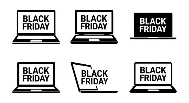 Black Friday online sale icons, laptop computer shopping set, digital commerce vector elements