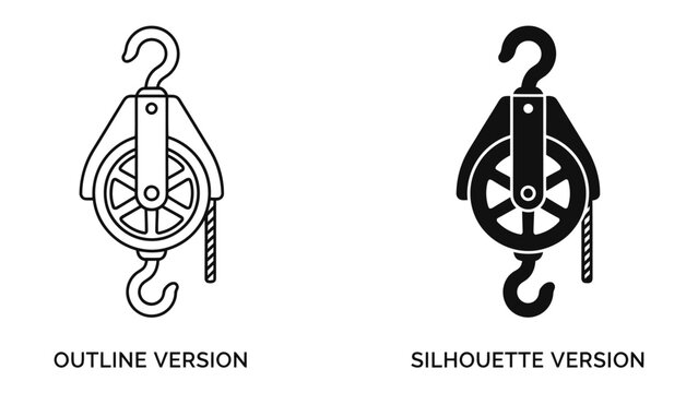 Pulley System: A comparison of a pulley system, presented in both outline and silhouette versions, showcasing the mechanical principle of lifting and redirection of force.