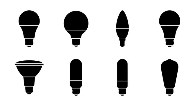 Minimalist light bulb icon set, 8 black silhouette LED lamps, modern energy saving bulb vectors