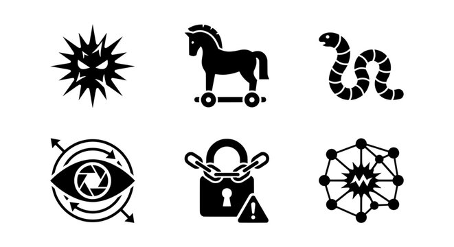 Cybersecurity malware icons set, 6 black vector symbols of trojan horse, virus and ransomware