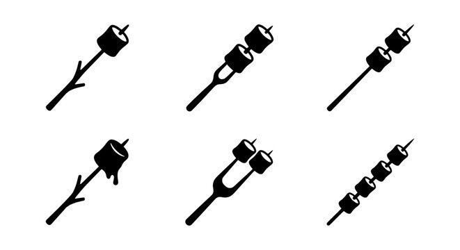 Marshmallow roasting icons set, campfire snack vector elements, toasted marshmallow on stick