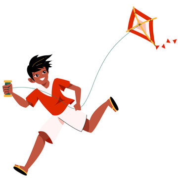 Young Man Running While Flying Traditional Indonesian Kite During Independence Day Celebration Flat Vector Illustration