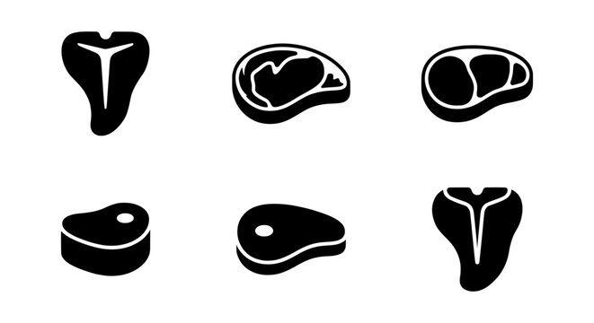 Minimalist raw meat steak icons, black silhouette beef cuts set, butcher shop vector symbols