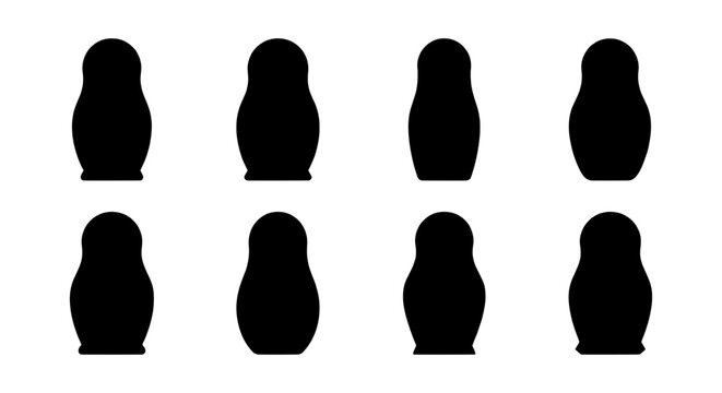 Matryoshka doll silhouettes, 8 nesting doll vector icons, black Russian doll shapes on white