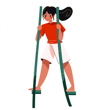 Young Woman Walking on Stilts Traditional Independence Day Competition Flat Vector Character