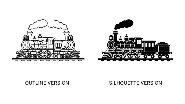 Vintage Train Designs: Two contrasting depictions of a classic steam locomotive, one as a detailed outline and the other as a bold silhouette, showcasing vintage transportation.