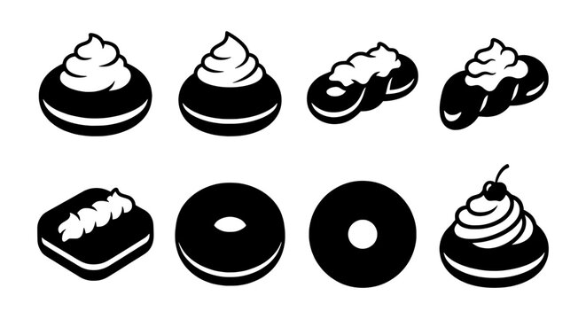 Black donut icons set, sweet pastry and dessert vector collection, 8 bakery food silhouettes