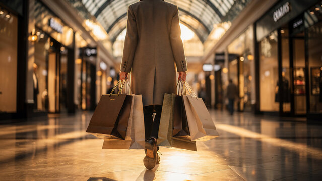Woman walking with many shopping bags in a luxury mall with golden light, perfect for retail advertising, fashion blogs and consumerism themes