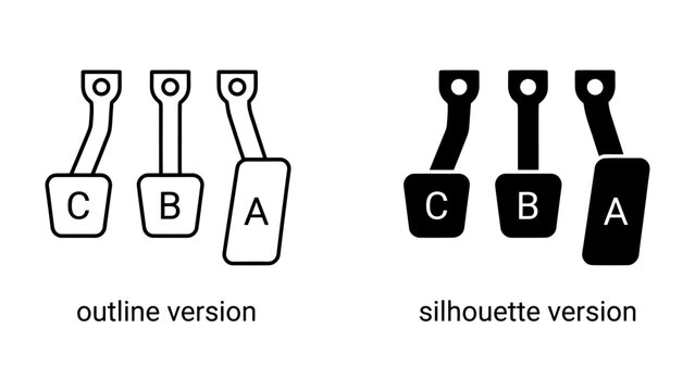Car Pedal Icons: A graphic resource showcasing two sets of car pedal icons, one in an outline version and the other as a silhouette, labeled A, B, and C, representing automotive controls.