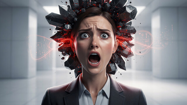 Woman's head exploding with dark crystals and glowing red energy, symbolizing mental overload, ideal for stress management, burnout awareness and mental health campaigns