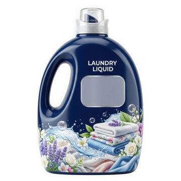 Blue plastic bottle of liquid laundry detergent with flowers and fresh linen design on front