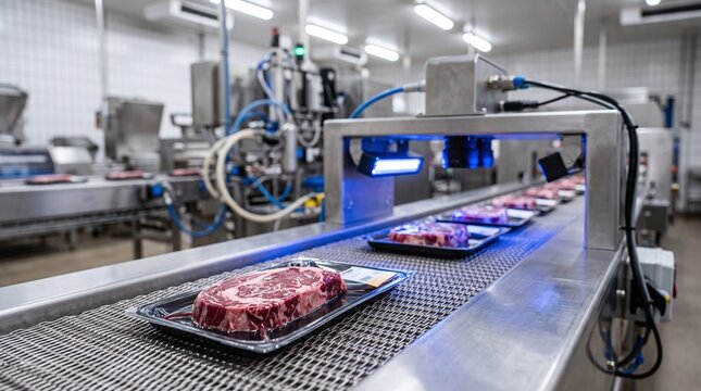 Red meat steaks packaged on an automated conveyor belt under inspection lights