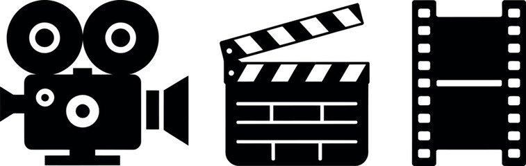 Fototapeta premium Classic movie making equipment icons vector illustration set for film production and creative content creation