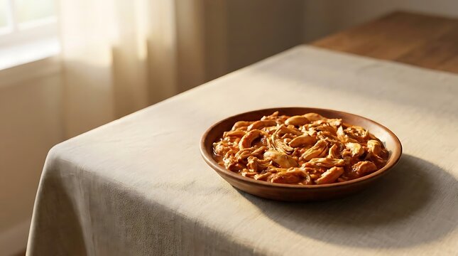 A delicious plate of homemade chicken tinga served in a rustic brown ceramic dish placed on a clean linen tablecloth near a window in natural light