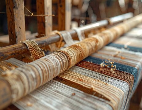 Close-up of a Traditional Wooden Loom with Threads.