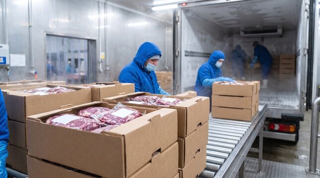 Workers in blue hooded jackets and masks package raw meat in cardboard boxes on a conveyor belt