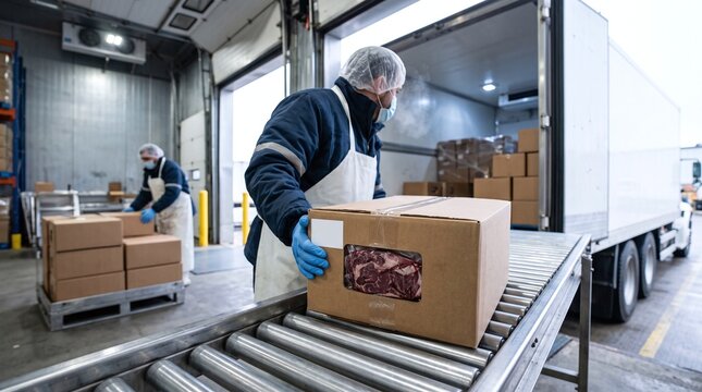 Workers in protective gear unload boxed meat from a refrigerated truck using a conveyor belt