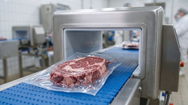 Packaged raw beef steak moves on a conveyor belt through a metal detector